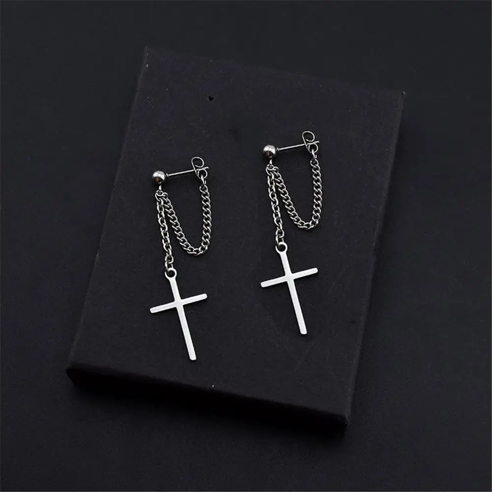 Cross Chain Earrings Gothic Style Silver Plated Dangle Earring Ear Clips Dark Street Women Men No Pierced Punk Jewelry Gift dangle earrings chain ear clips cross earrings