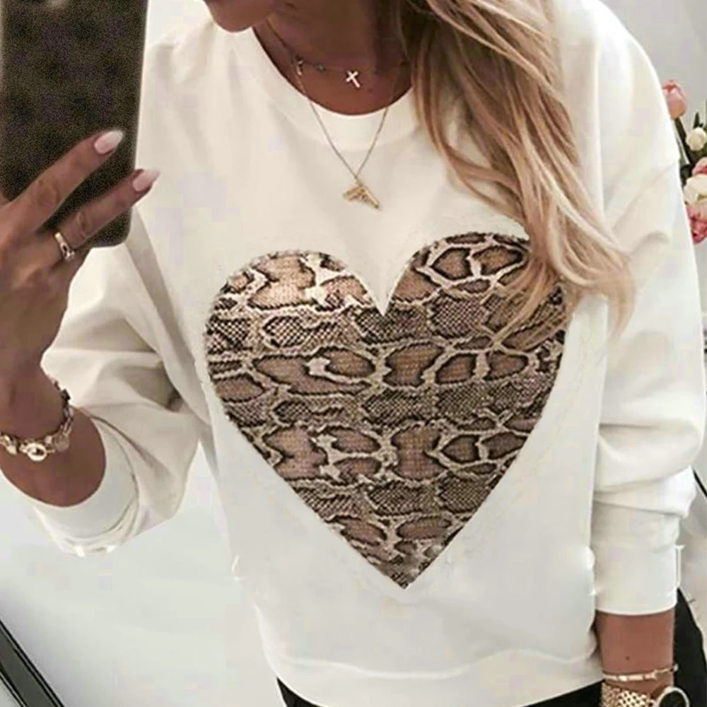 

Women Sweatshirt Long Sleeve O Neck Sweatshirt Loose Streetwear Leopart Love Print Shirt Hoodies Fashion Ladies Streetwear D30