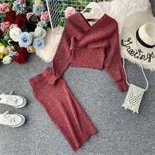 Осенний вязаный женский вязаный свитер Liangsi из двух частей+ трикотажная юбка средней длины, юбка с высокой талией, зимняя одежда WZ1049