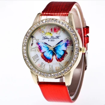 

Luxury Ladies Quartz Watch Crocodile Pattern Red PU Strap Cartoon Butterfly Pattern Diamond Alloy Dial Women Watches Gift Couple