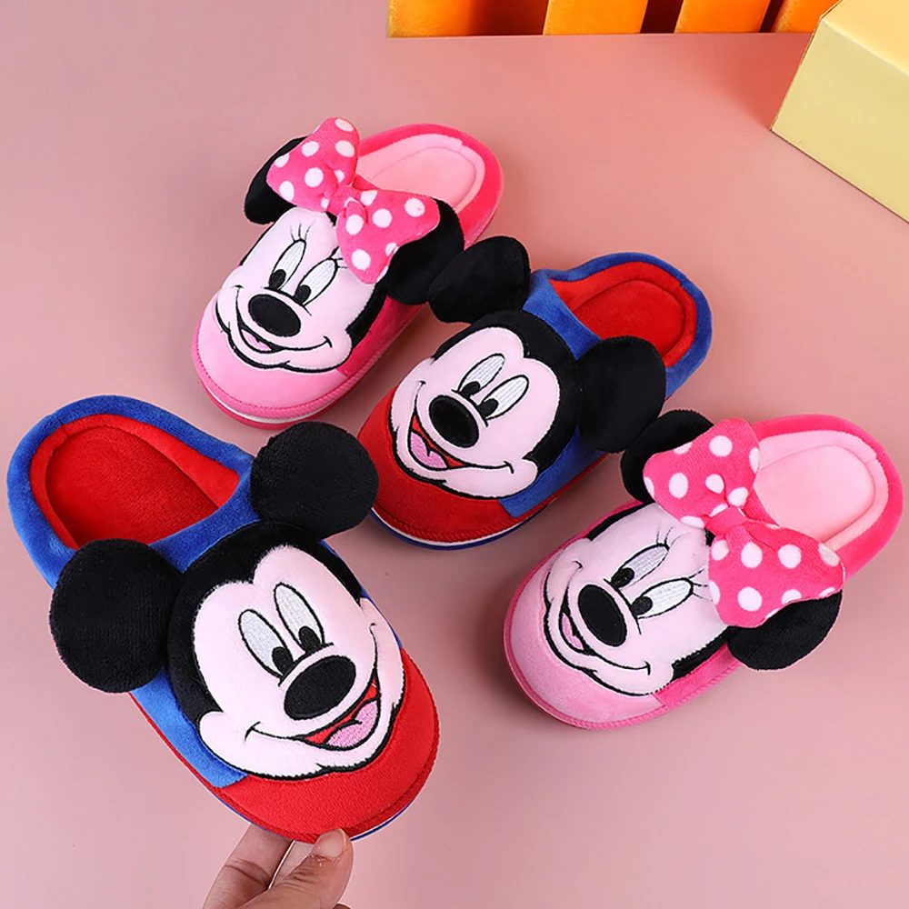 Disney Cartoon Children Home Cotton Slippers For Boys Girls Mickey Minnie Mouse Prints Indoor Shoes Kid Warm Soft Winter Slipper