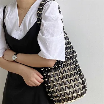 

Brand Women'S Bag Antique New Ins Hand-Woven Girl Natural Wooden Beads Handbag Clutch Vintage Shoulder Messenger Bag Beach Bag