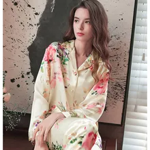 Осенняя пижама из натурального шелка с длинными рукавами и штанами, комплект из двух предметов, шелк тутового шелкопряда, женская пижама, пижамный комплект M L XL