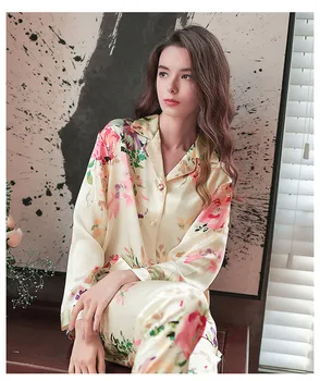 

Autumn Real Silk Long Sleeve Pant Two-piece 100% Mulberry Silk Women Sleepwear Pajama Set M L XL Free Shipping