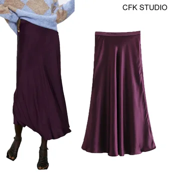 

women midi skirts 2019 new fashion solid silk high waist elegant office lady purple midi skirts autumn long skirts