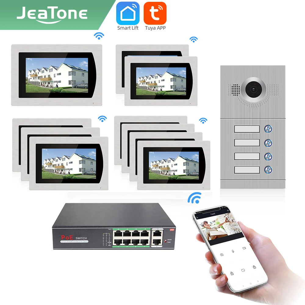 Jeatone Tuya smart 7 дюймов Wi Fi видеодомофон для 1/2/3/4 раздельных квартир сенсорный экран