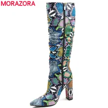 MORAZORA/Большие размеры 36-41; женские сапоги в европейском стиле; сапоги до колена из Искусственной Змеиной кожи на высоком каблуке; женские сапоги на молнии