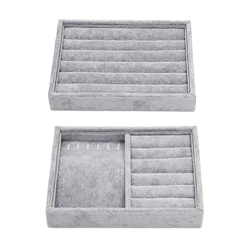 

2 styles Gray Velvet Stackable Jewelry Display Tray Case for Necklace Rings