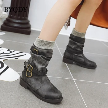 

BYQDY Autumn Winter Mid-Calf Boots Motorcycle Warm Snow Boots Sexy PU Leather Buckle Zipper Knitted Cowgirls Shoes Plus Size 43