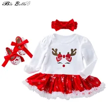 Рождественская одежда для малышей Одежда для девочек на первое Рождество для новорожденных Новогодняя одежда для малышей комплект из 3 предметов: платье+ повязка на голову+ обувь