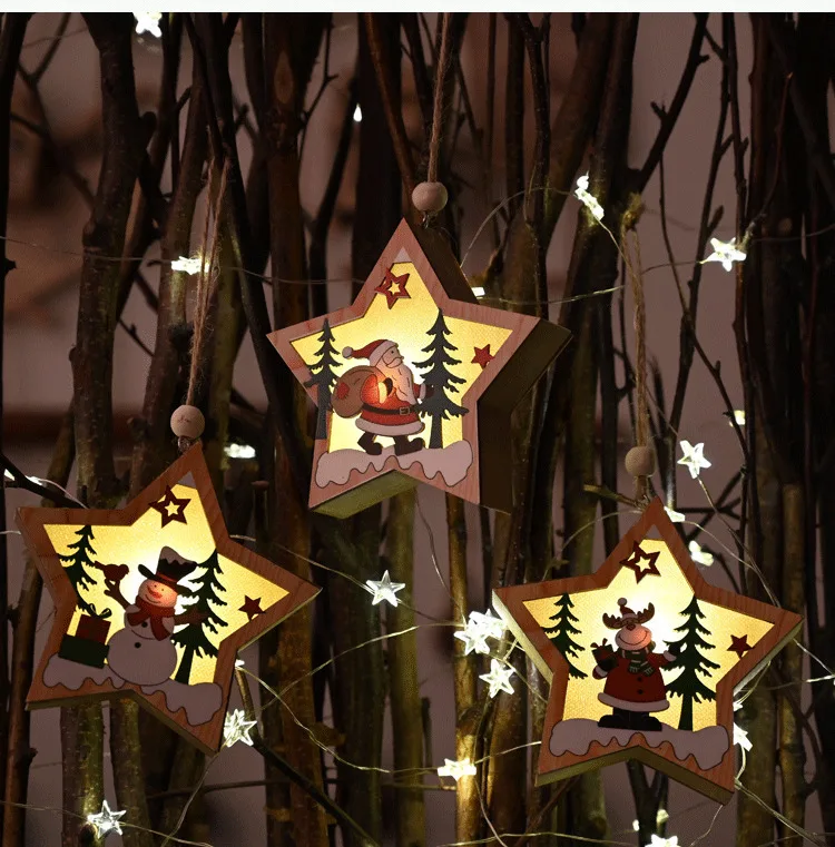 Новые рождественские украшения пятиконечная звезда светодиодный деревянный кулон креативные звезды узоры с Санта-Клаусом Рождественская елка кулон