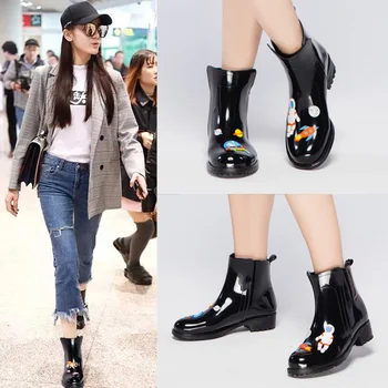 

Rain Boots Women Waterproof Anti-Slip Rainboots Girls Fashion Rubber Shoes Spaceship Cats Appliques