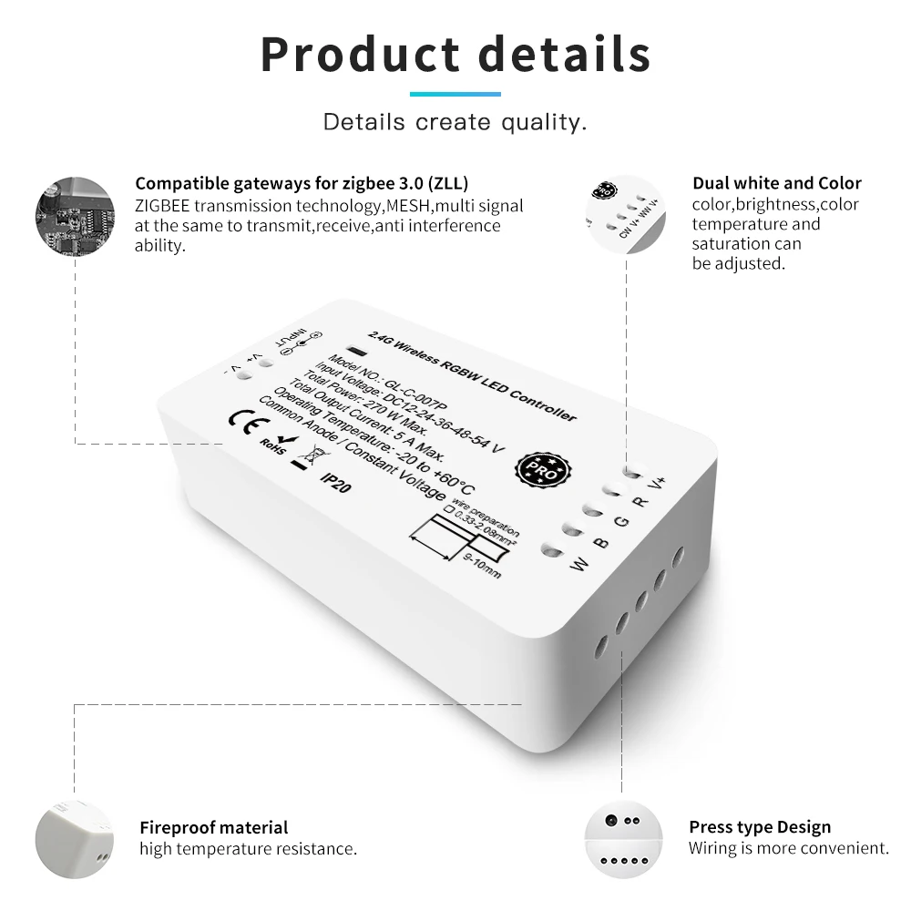 Zigbee 3.0 Smart Pro WWCW Controller Warm White Cold White Light Work with RF Remote, for LED Strip
