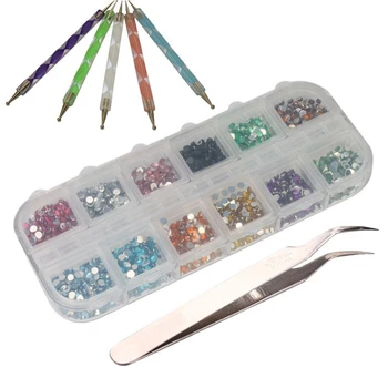 

3000x2mm 12 colors of nail art Glitter Rhinestone Tips+5 × 2-way marble Vein Dotted pen + tweezers