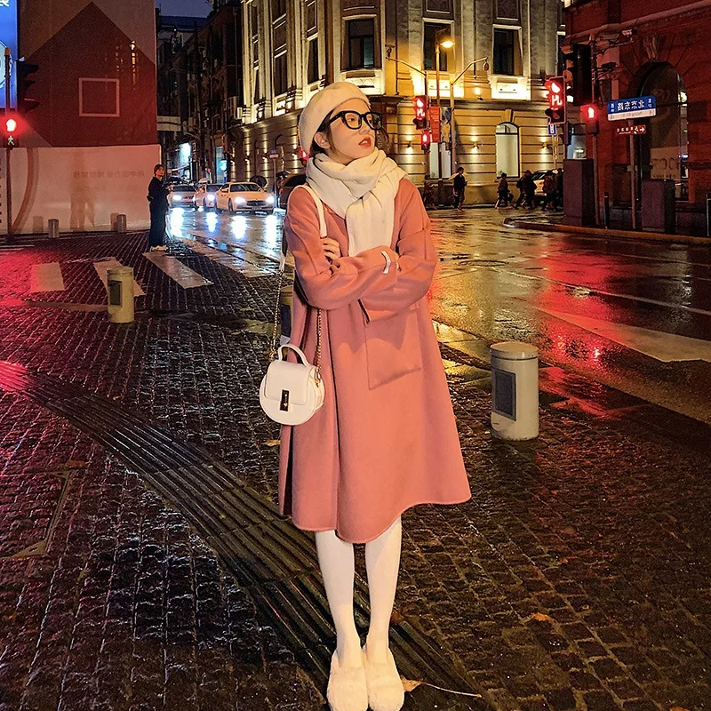 

Photo Shoot Sense of Design Woolen Jacket 2019 Winter New Style Large Pocket Retro Laziness-Style Mid-length Woolen Overcoat