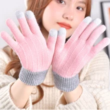 Viianles inverno outono feminino luvas de malha tela tocada de alta qualidade engrossar lã quente cashmere sólida mittens negócios esqui