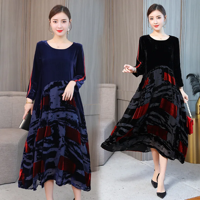 

2019 Autumn And Winter New Style Loose And Plus-sized Chinese-style Robe Velvet Color Block Joint Elegant Casual Profile Dress
