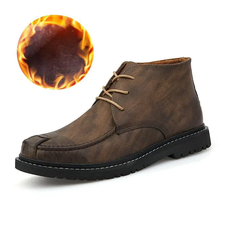 Leather Winter Men Boots Waterproof Warm Fur Snow Boots Men Outdoor Winter Work Casual Shoes Military Combat Ankle Boots 46 47 - Цвет: Yellow brown Fur