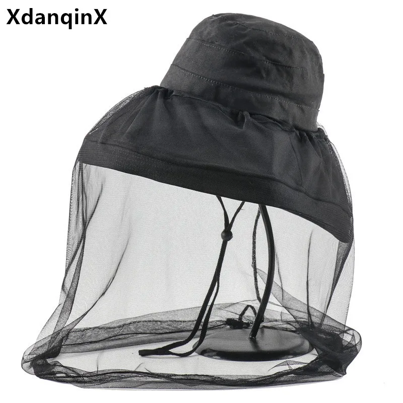 

XdanqinX Novelty Summer Women's Bucket Hat Net Yarn Anti-mosquito Oversized Sun Visor Sunscreen Beach Hats Removable Fishing Cap