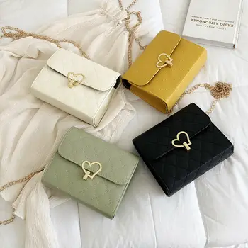 

2019 Newest Hot Women Lingge Peach Heart Lock Chain Square PU Shoulder bag Crossbody Hand Bag Luxury Plaid Leather Flap