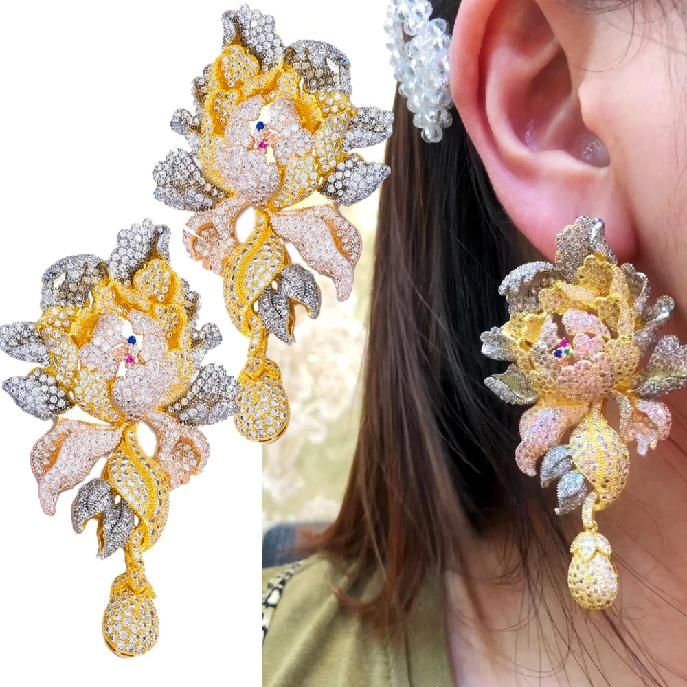 76mm Popular Chrysanthemum Flower Pierced Full Cubic Zirconia Dangle