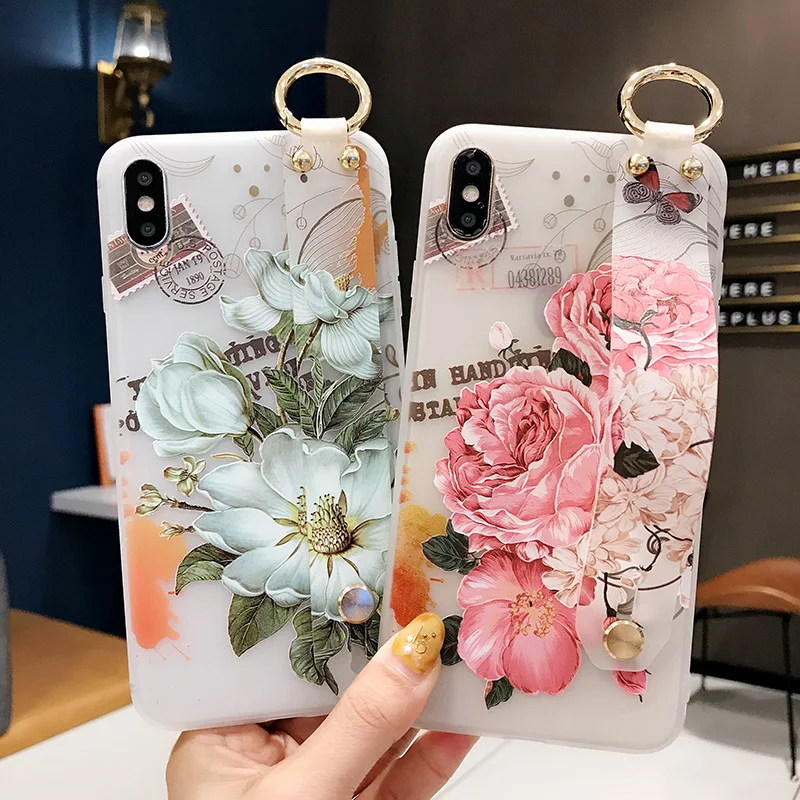 SoCouple Stand Holder Case For iphone X Xs max XR Case For iphone 6 6s 7 8 plus Flower Soft TPU Wrist Strap Phone Case Cover (10)