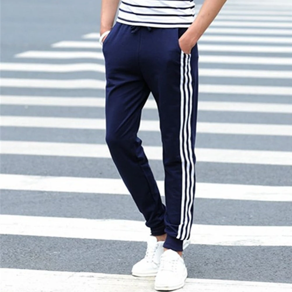 Мужские и женские длинные штаны для фитнеса, тонкие 3 полосатые повседневные офисные повседневные спортивные брюки, мягкие свободные брюки с эластичной резинкой на талии - Цвет: Синий