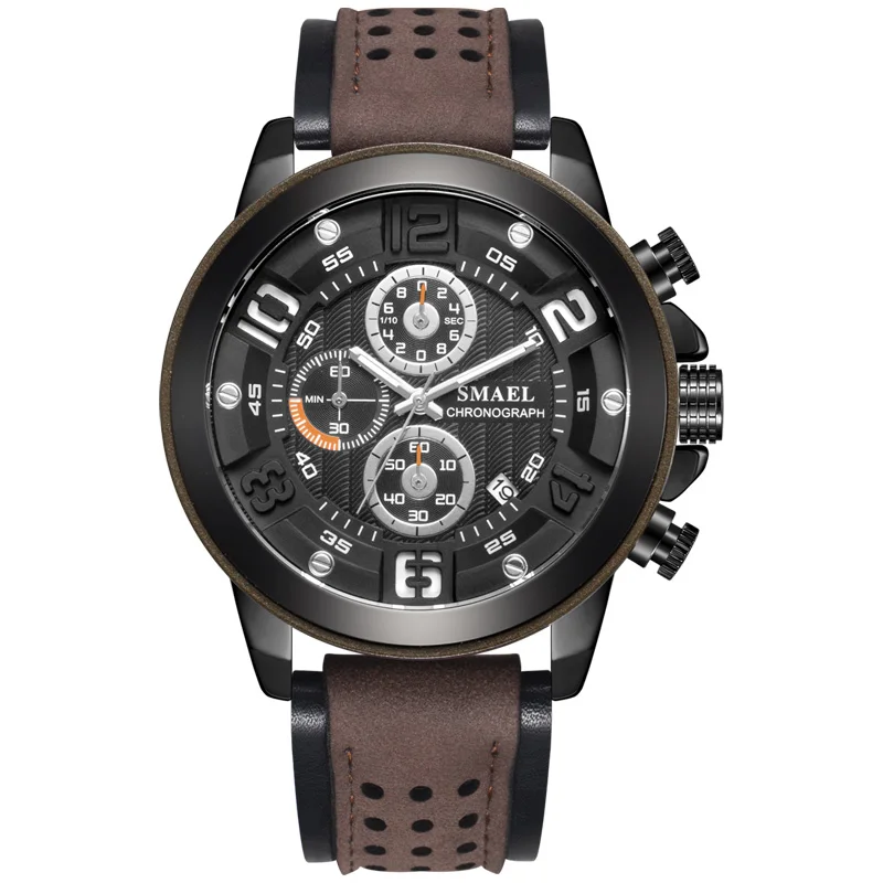 Спортивные мужские часы SMAEL, роскошные часы из сплава, мужские повседневные SL-9083, модные кожаные водонепроницаемые наручные часы - Цвет: Brown