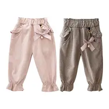 Детские весенние хлопковые брюки для девочек милые однотонные штаны с милым бантом и оборками