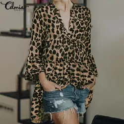 Топы больших размеров, Модные женские сексуальные блузки с леопардовым принтом 2019, свободный рукав-фонарик с оборками, рубашки, Длинные