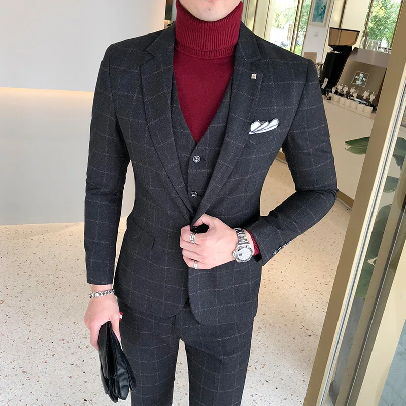 Warm Thick Set Men's Autumn And Winter Plus Size British Plaid Suit Male Korean Version Of The Self-cultivation Three-piece