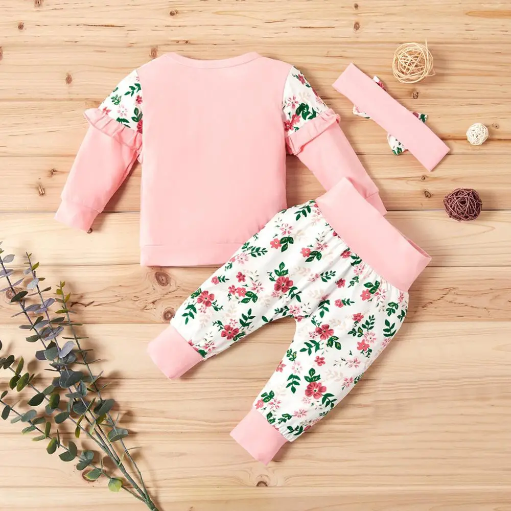 Комплект одежды для маленьких девочек, комплект из 3 предметов, топы с длинными рукавами и цветочным принтом для новорожденных, комплекты со штанами