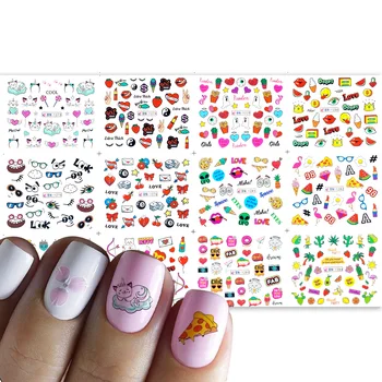

12 styles Cute Animal Water Transfer Nail Sticker Sliders Lovely Fruits Cat Cake Rainbow Image Manicure Nail Art Decor Tattoo