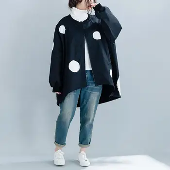 

2019 Women Autumn Casual Polka Dot Cloaks Jacket Loose O-Neck Female Cardigan Zipper Batwing Sleeve Winter Coat