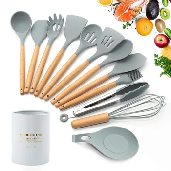 

New 9 To 13 Pcs Gray Silicone Cooking Utensils Wooden Handle Kitchen Utensil Set with Stainless Steel Storage Box Cooking Tools