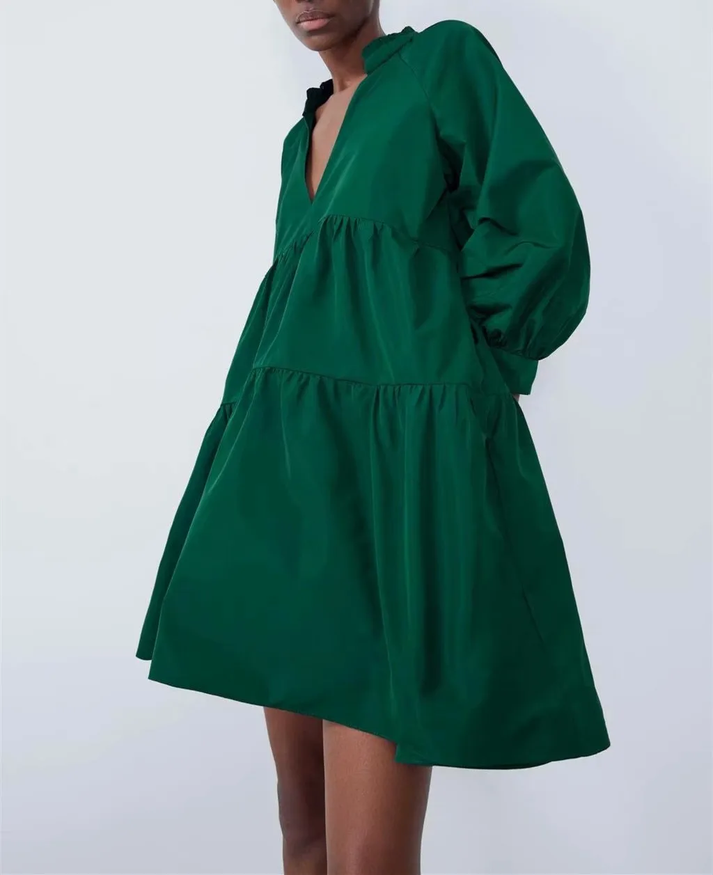 Длинное Зеленое свободное мини-платье с рукавом-фонариком, женское Свободное платье с v-образным вырезом и оборками, винтажное повседневное короткое платье с высокой талией, vestidos mujer