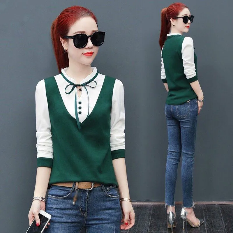 

Spring Autumn 2020 Women Bow Lace Stitching Long-sleeved Shirt & Blouses Female Pleated Bottoming Tops Plus Size 3XL