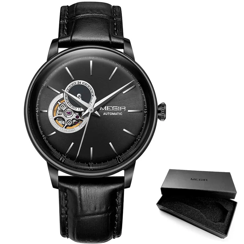 Мужские механические наручные часы MEGIR с кожаным ремешком, модные повседневные деловые наручные часы для мужчин, водонепроницаемые, 5 бар, 62057G-BK-1 - Цвет: M62057-Black