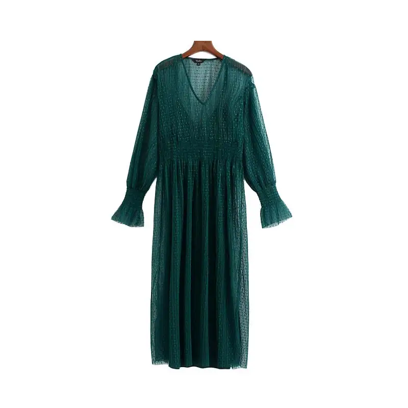 Vadim женское стильное Сетчатое платье миди, комплект из двух предметов, v-образный вырез, длинный рукав, эластичная талия, женские повседневные платья до середины икры зеленого цвета QD045 - Цвет: as picture