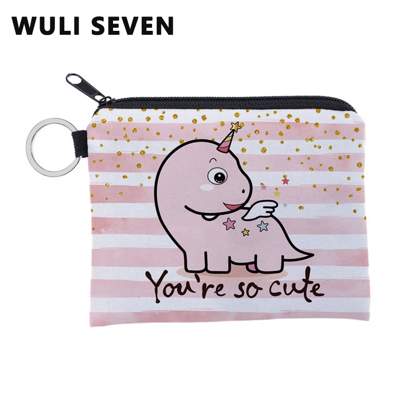 

WULI SEVEN Top Sell Pink Cute Dinosaur Printing Coin Purse Waterproof Small Zipper Card Holder Square Wallet