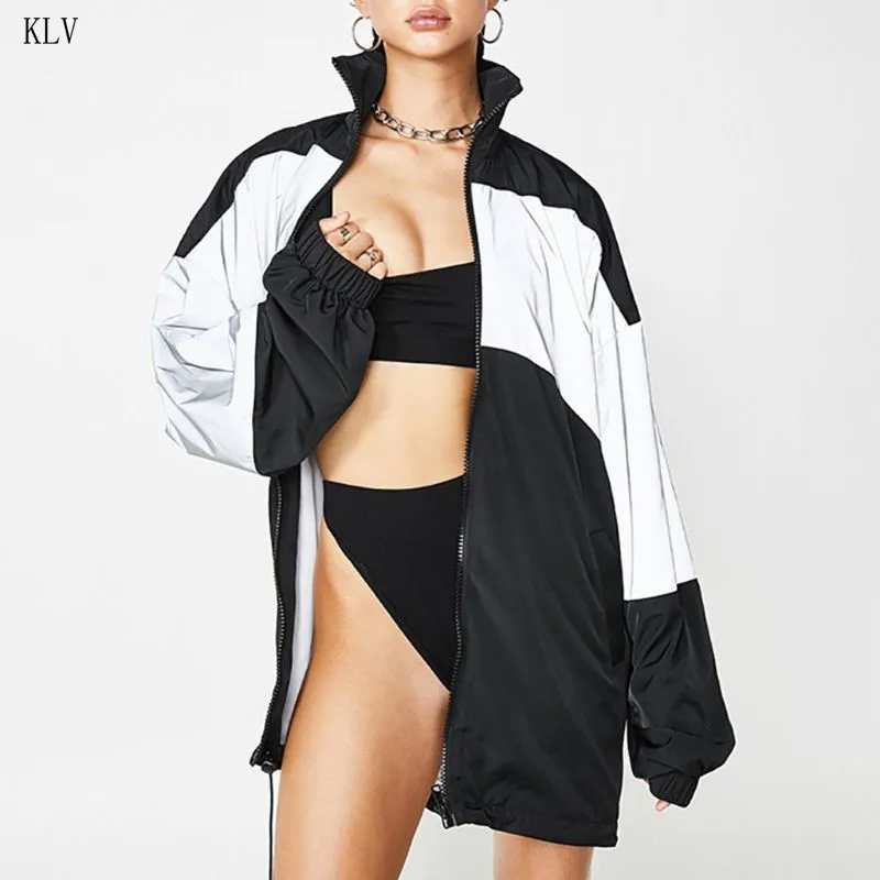 

2019 Women Autumn Reflective Patchwork Windbreaker Jackets Casual Slim Long Sleeve Pockets Zipper Up Outerwear Oversized Coats