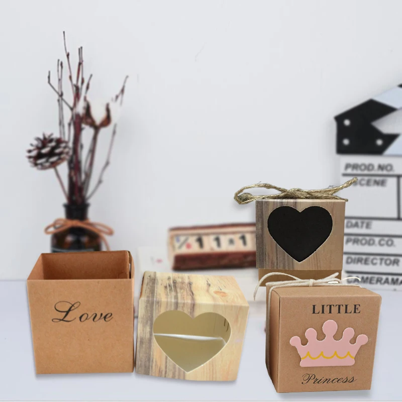 

50 шт., коробка для конфет из крафт-бумаги с сердечками