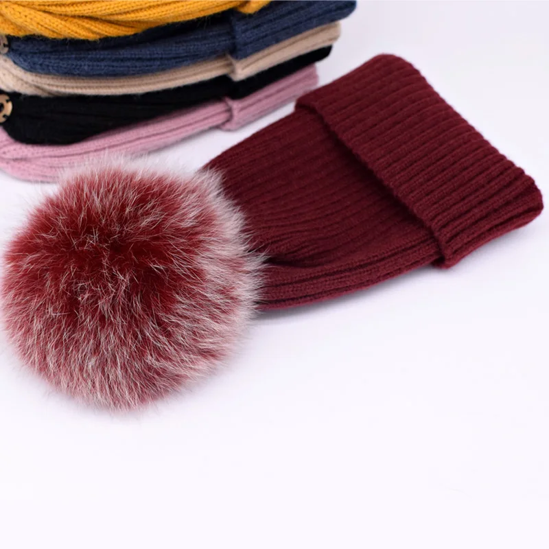 wool wine fox fur 2 Новинка, зимняя шапка, роскошные качественные шапки с меховым помпоном, шапка высокого качества для девочек, женские зимние шапки - Цвет: wool wine fox fur 2