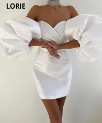 Lorie White Off the Shoulder Cocktail Dresses Short Sleeves Puffy Pleats Mini Sexy Party Gowns Above Knee Satin Prom Dress 2021