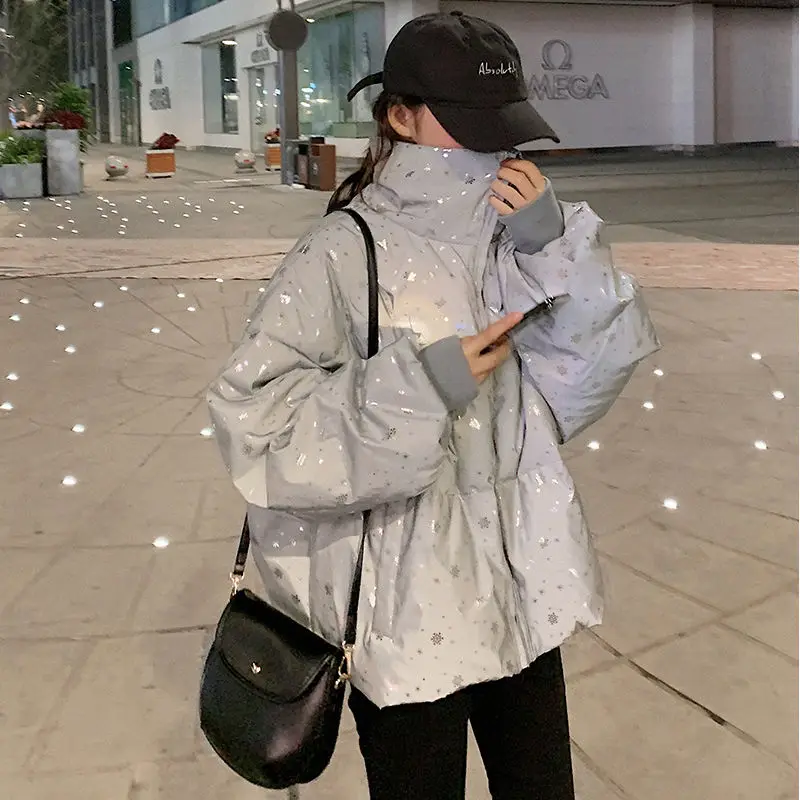 

Short cotton-padded Jacket Korean edition loose women's reflective cotton-padded jacket with vertical collar