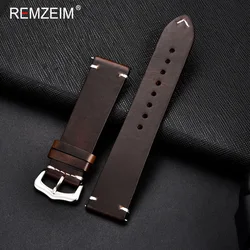 Artisan Oil Wax Leather Watchband in Blue, Red, and Brown - Premium Replacement Strap - 22mm (Dark brown)