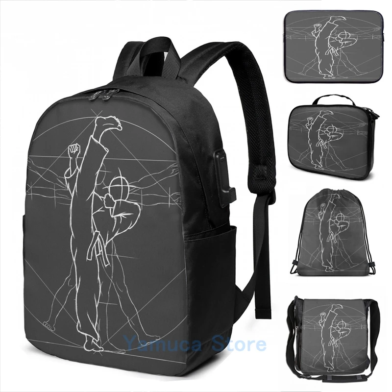 Funny Graphic print Tae Kwon Do Roundhouse Kick Vitruvian Man USB Charge Backpack men School bags Women bag Travel laptop | Багаж и сумки