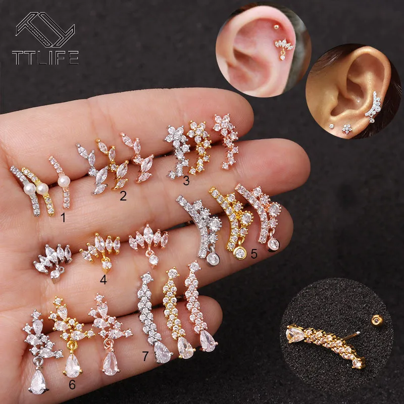 

TTLIFE Ear Piercing Rose Gold Geometric Curved Cartilage Stud Helix Rook Conch Screw Back Earring Stainless Steel Ear Jewelry