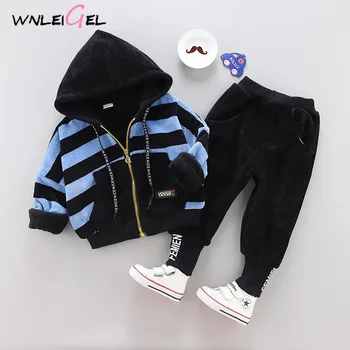 

2 pieces WLG winter baby velvet striped sweater suit children girl thick hoodies with pant kids baby winter warm sport suit