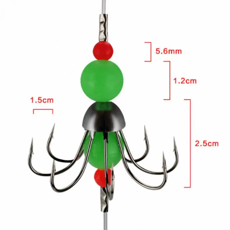 Luminous Noctilucence Octopus Squid String Fishing Hooks Group with Thicken Nylon Line